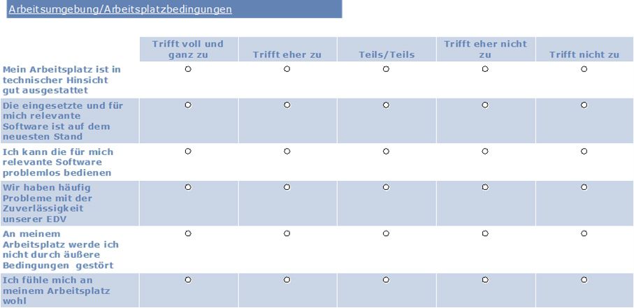 Eine Rating Skala bei einer Online-Umfrage zu Arbeitsplatzbedingungen